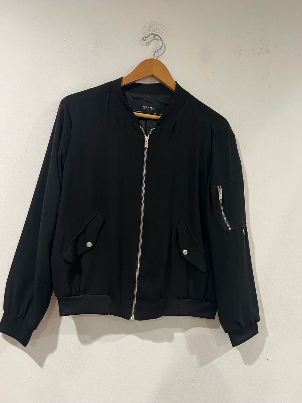 Zara Black WOMENS Bomber Jacket with Zip Sleeve Pocket M